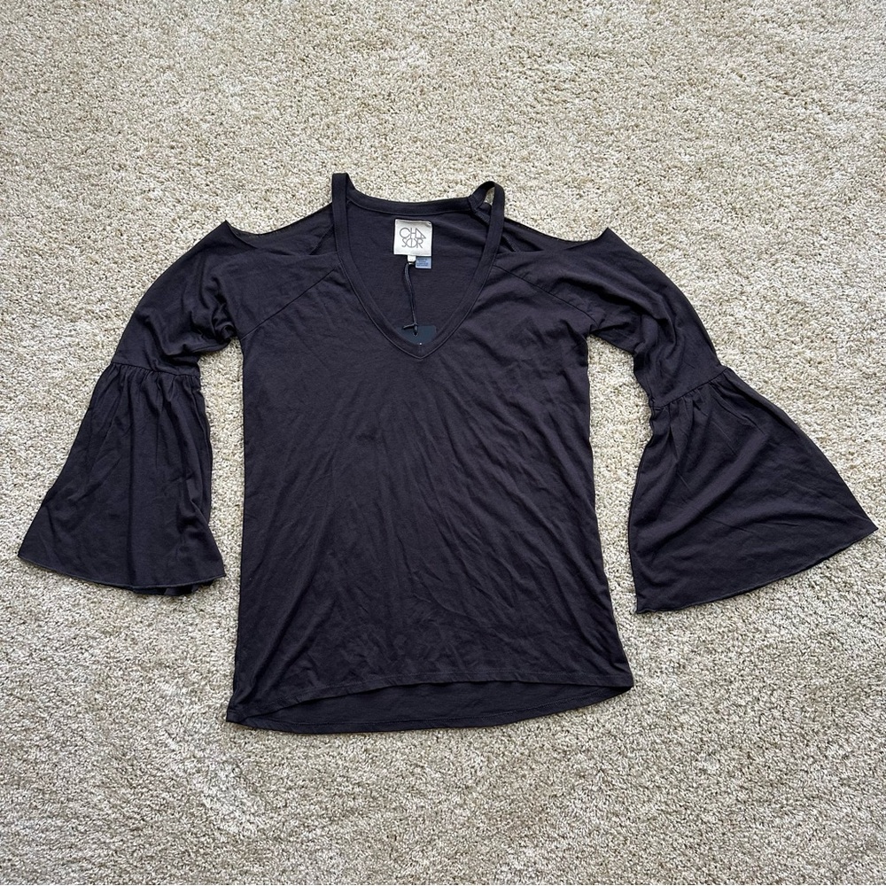 Chaser Washed‎ Black Cold Shoulder Bell Sleeve V-Neck Top Size M NWT